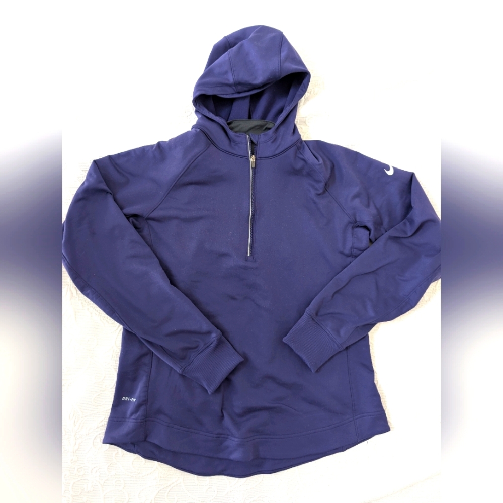 NIKE RUNNING DRI FIT HOODED LONG SLEEVE THUMB HOLES WOMENS LARGE PURPLE 1/4 ZIP